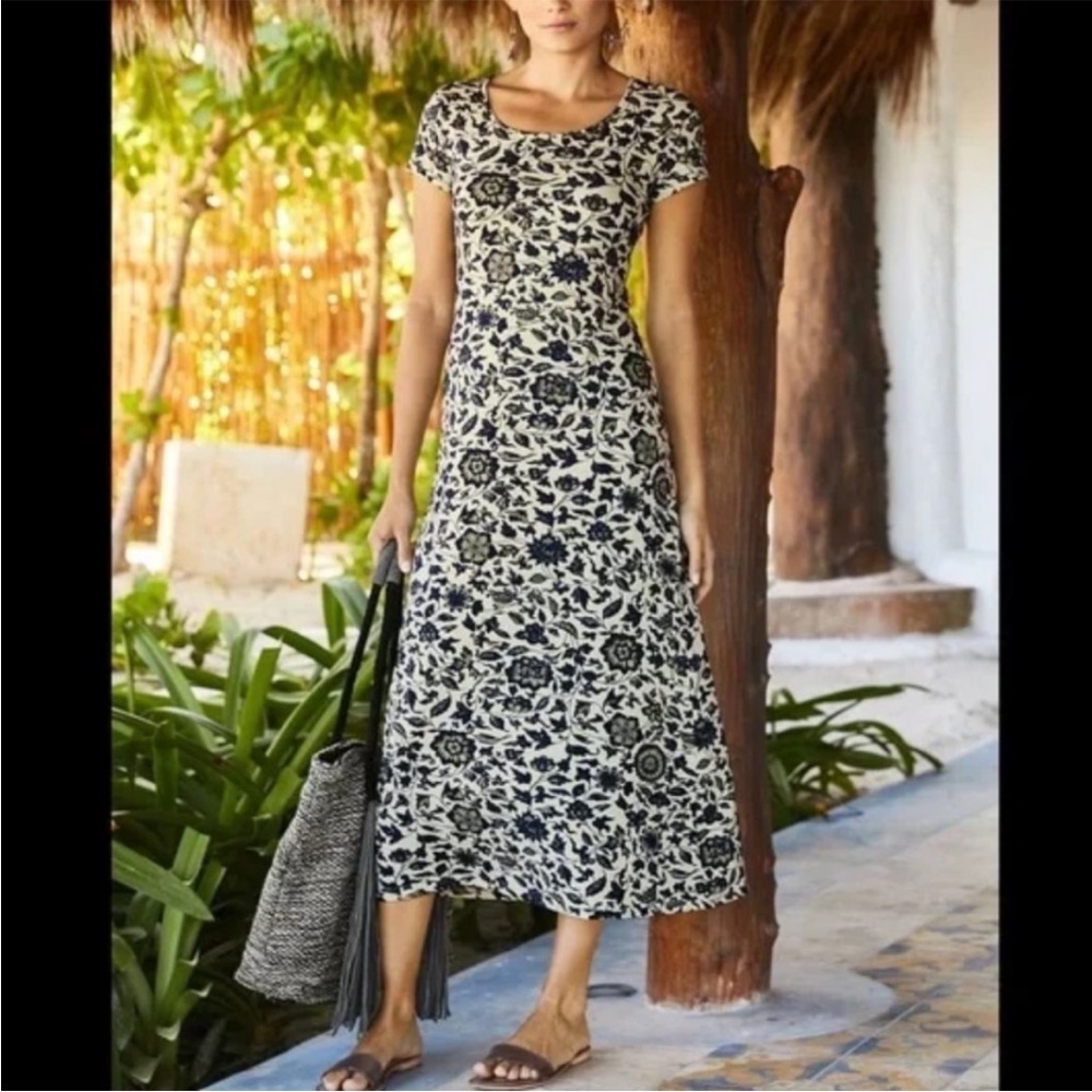Peruvian Connection Blue Cream Floral Print Fleur De Chine Midi Dress Size XS